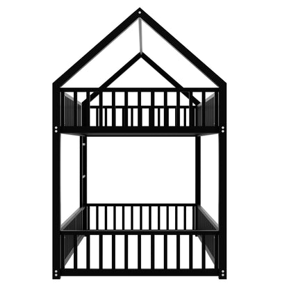 Metal house bunk bed in black with roof frame and fence-style guard rails on top and bottom on Tampa Home & Garden Store