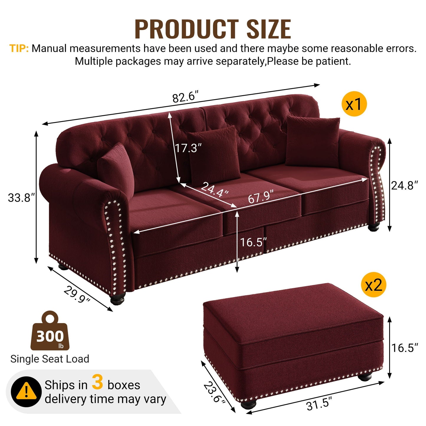 Upholstered Sofa Set with Nailhead and Pillows