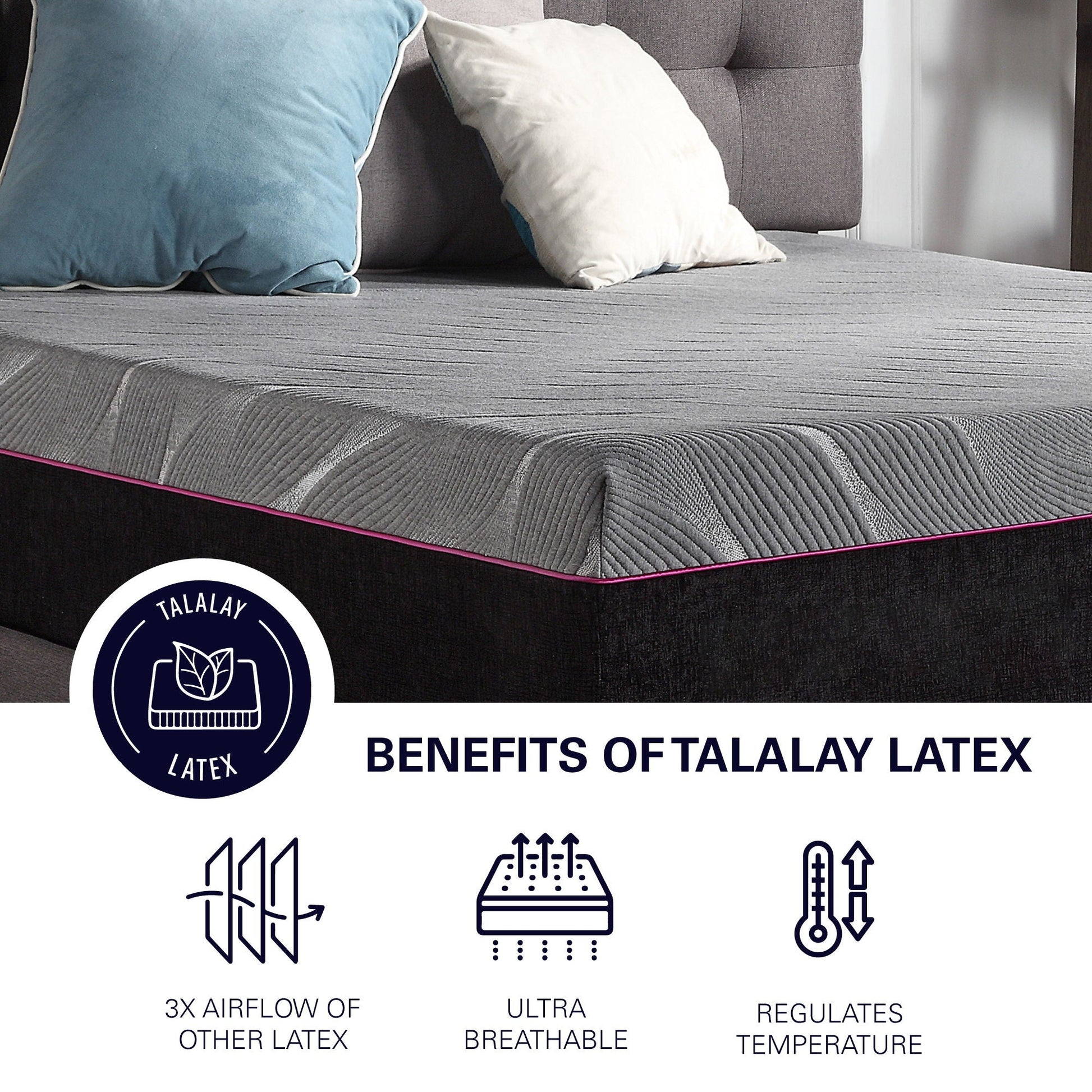 11in Renew Cooling Latex Foam Mattress by HouseOfZazla on gray bed with blue and white pillows on Tampa Home & Garden Store