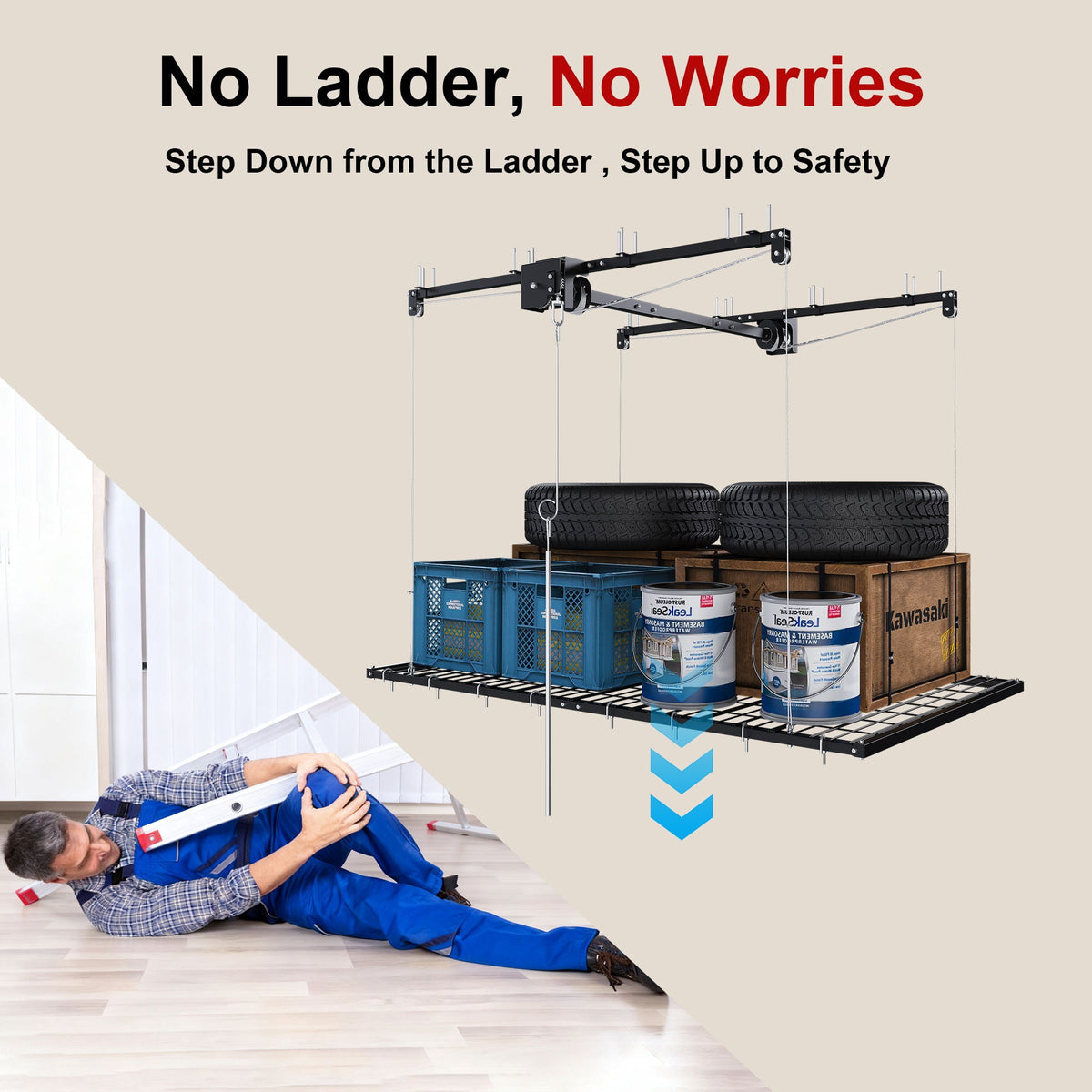 Overhead garage storage rack with crank system, black finish, ceiling-mounted for two tires on Tampa Home & Garden Store