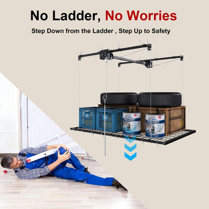 Overhead garage storage rack with crank system, black finish, ceiling-mounted for two tires on Tampa Home & Garden Store
