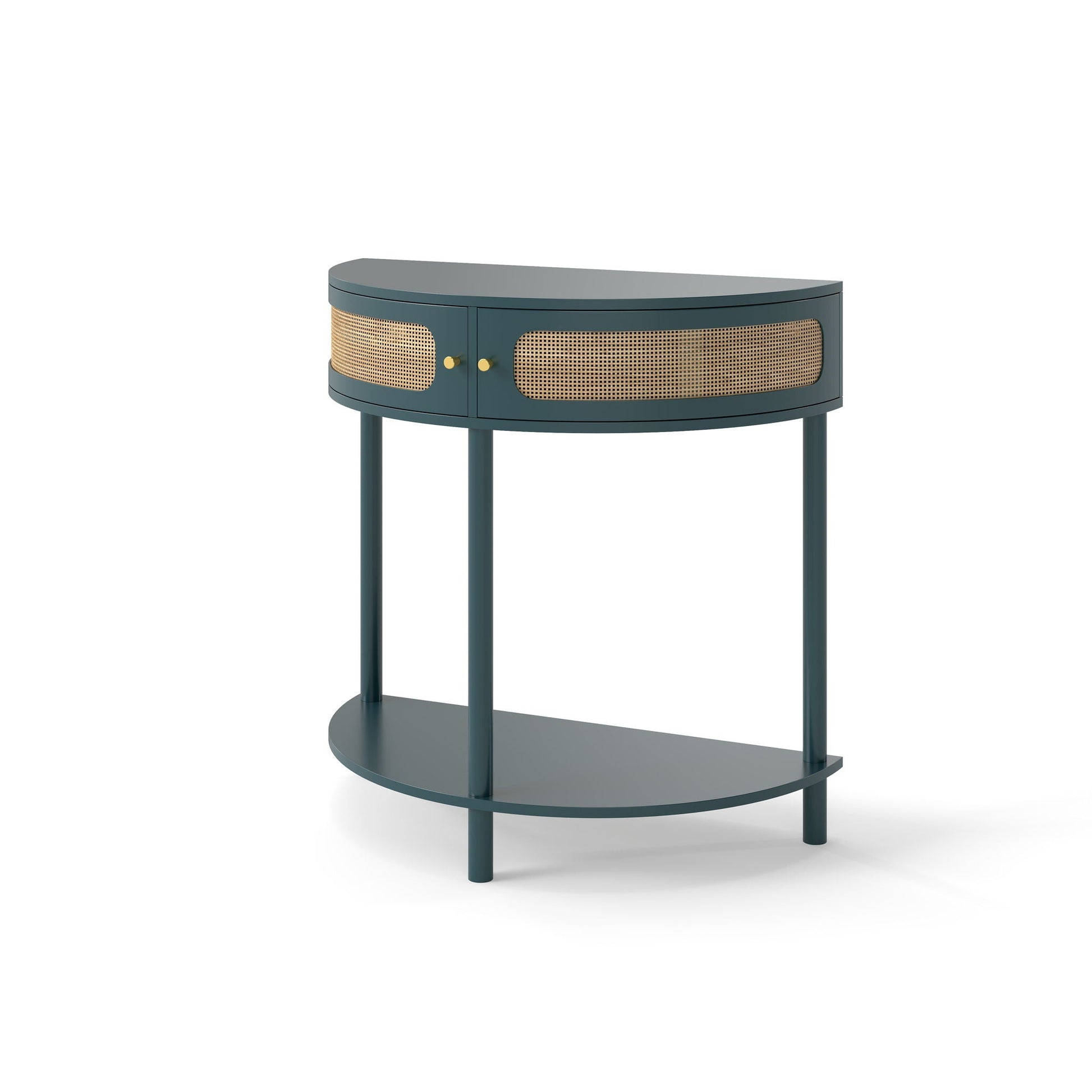 Boho rattan semi-circle end table with sliding doors, storage and bottom shelf in teal on Tampa Home & Garden Store
