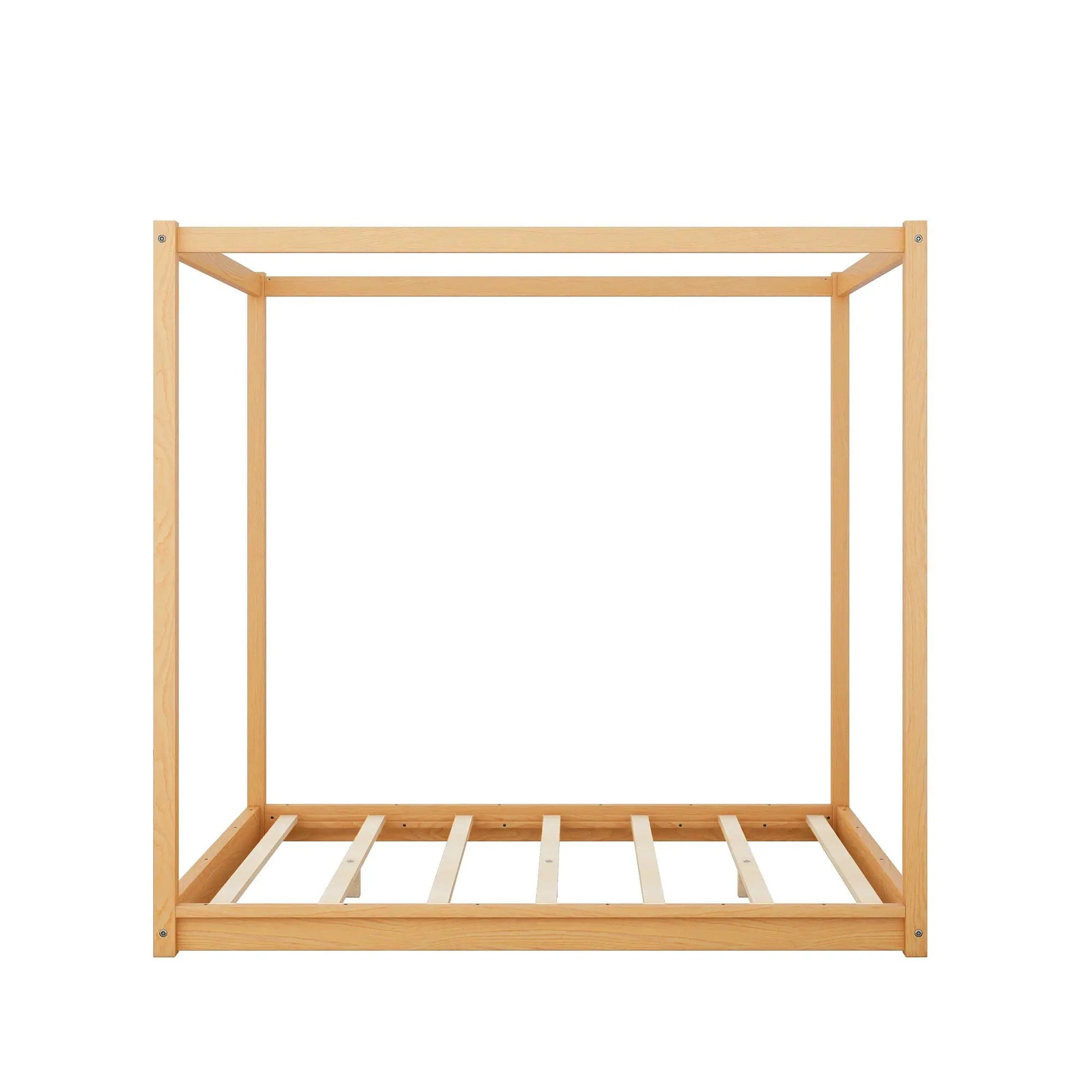 Wood canopy platform bed frame with airflow slats and support legs in natural finish on Tampa Home & Garden Store