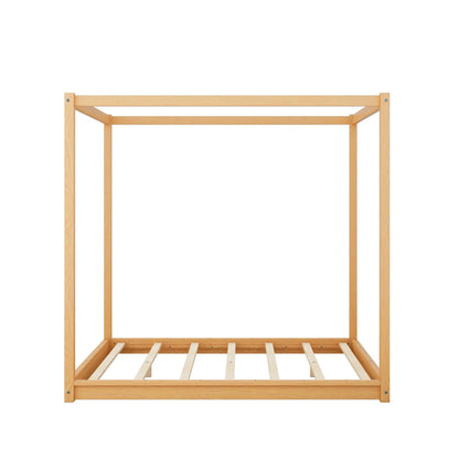 Wood canopy platform bed frame with airflow slats and support legs in natural finish on Tampa Home & Garden Store