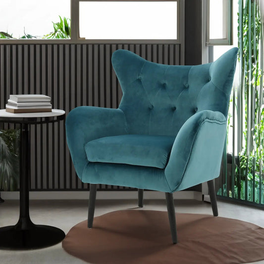 Arm Chair teal velvet upholstered armchair with tufted back and dark legs on Tampa Home & Garden Store