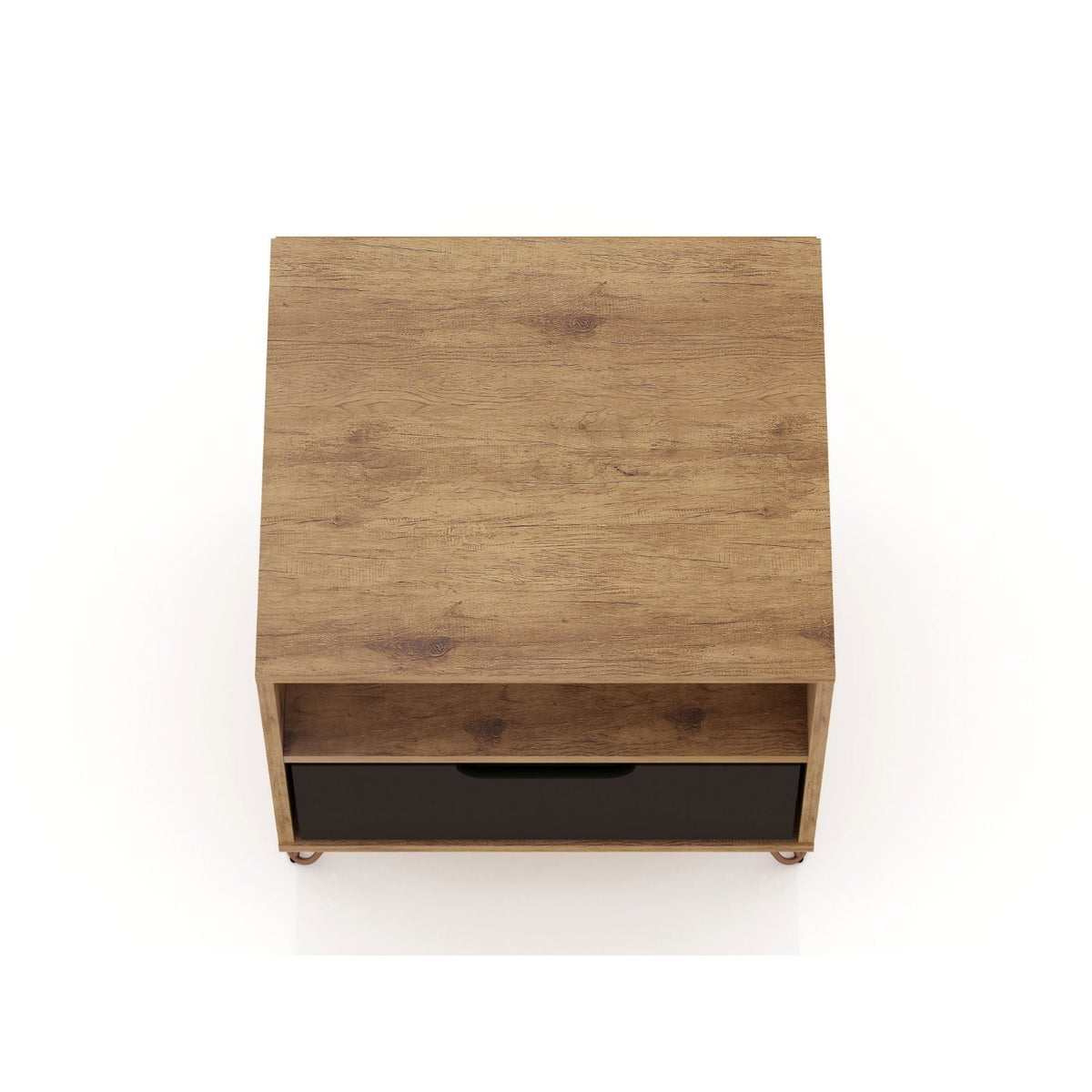 Rockefeller Nightstand by HouseOfZazla, oak finish, 1 black drawer front, splayed legs on Tampa Home & Garden Store