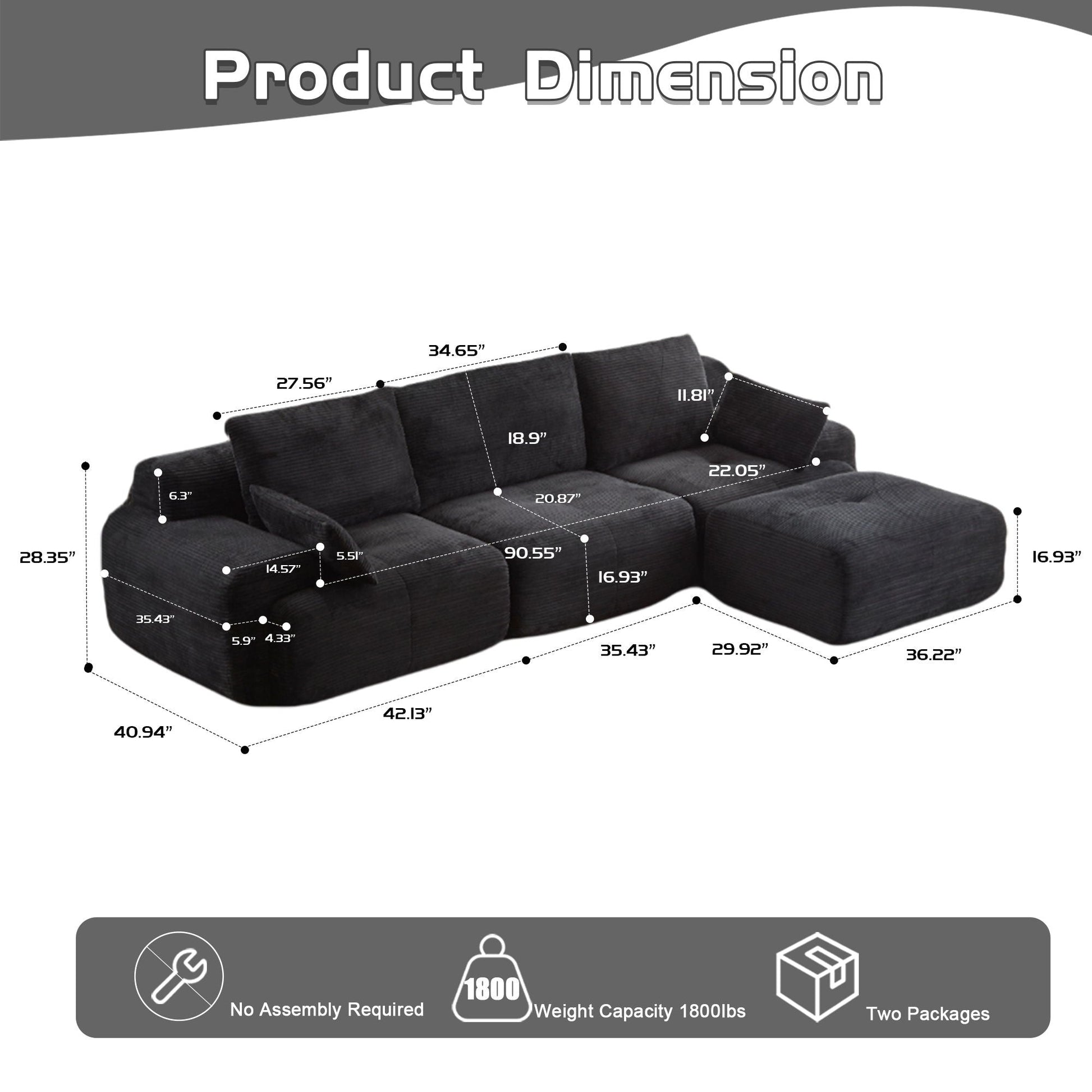 Compressed Sofa Large Sectional Couch 2-Piece Living Room Set HouseOfZazla dark gray fabric on Tampa Home & Garden Store