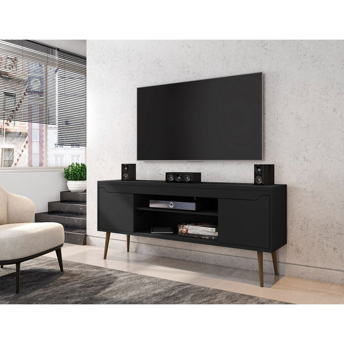 Mid-Century Modern TV Stand black finish with solid wood splayed legs open shelving on Tampa Home & Garden Store