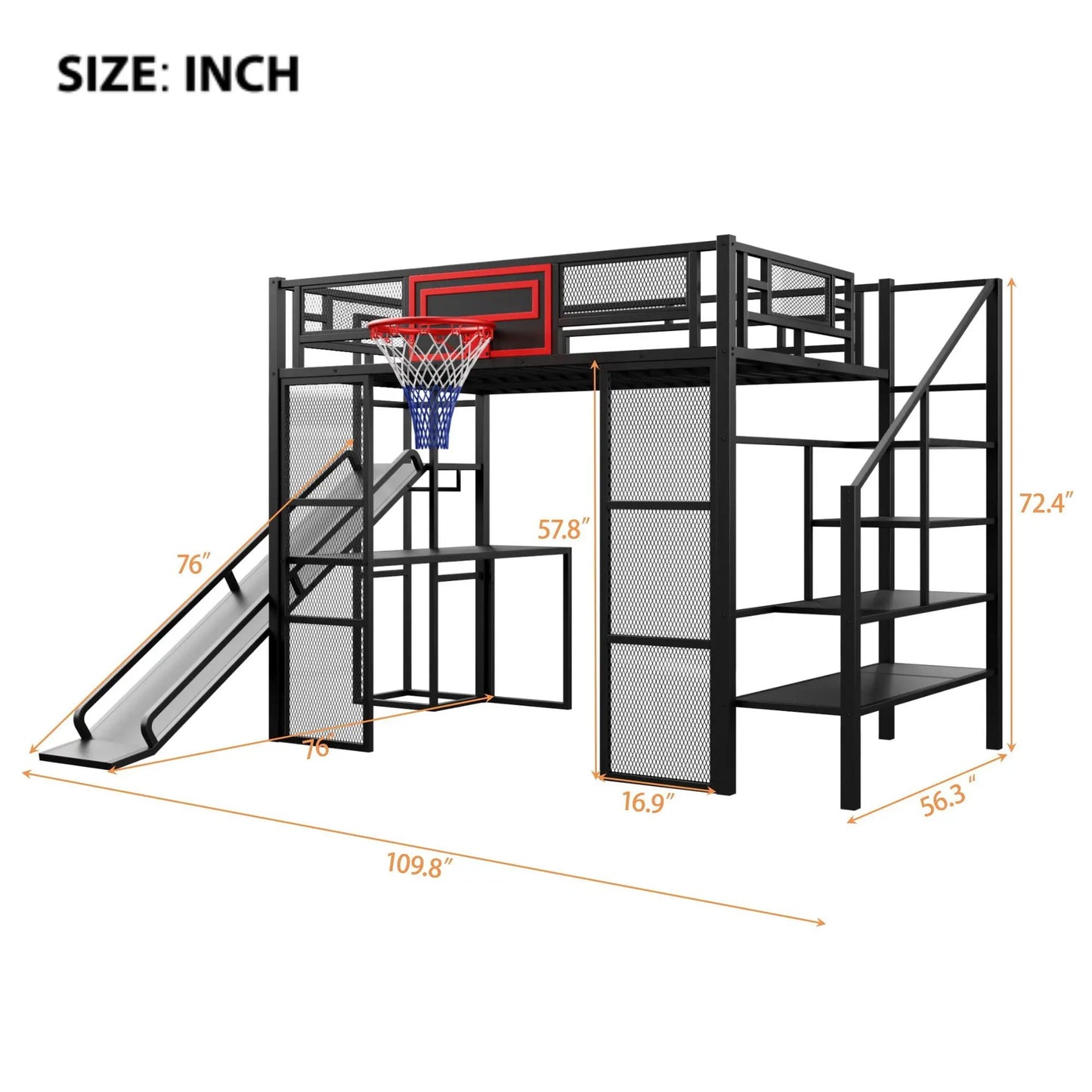 Loft bed with built-in desk, open wardrobe, basketball hoop, and slide in black metal on Tampa Home & Garden Store