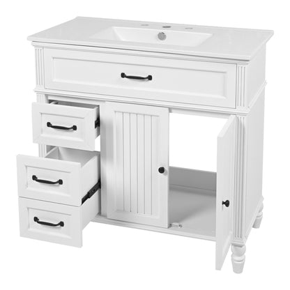 White freestanding bathroom vanity with sink, solid wood cabinet with 3 left drawers on Tampa Home & Garden Store