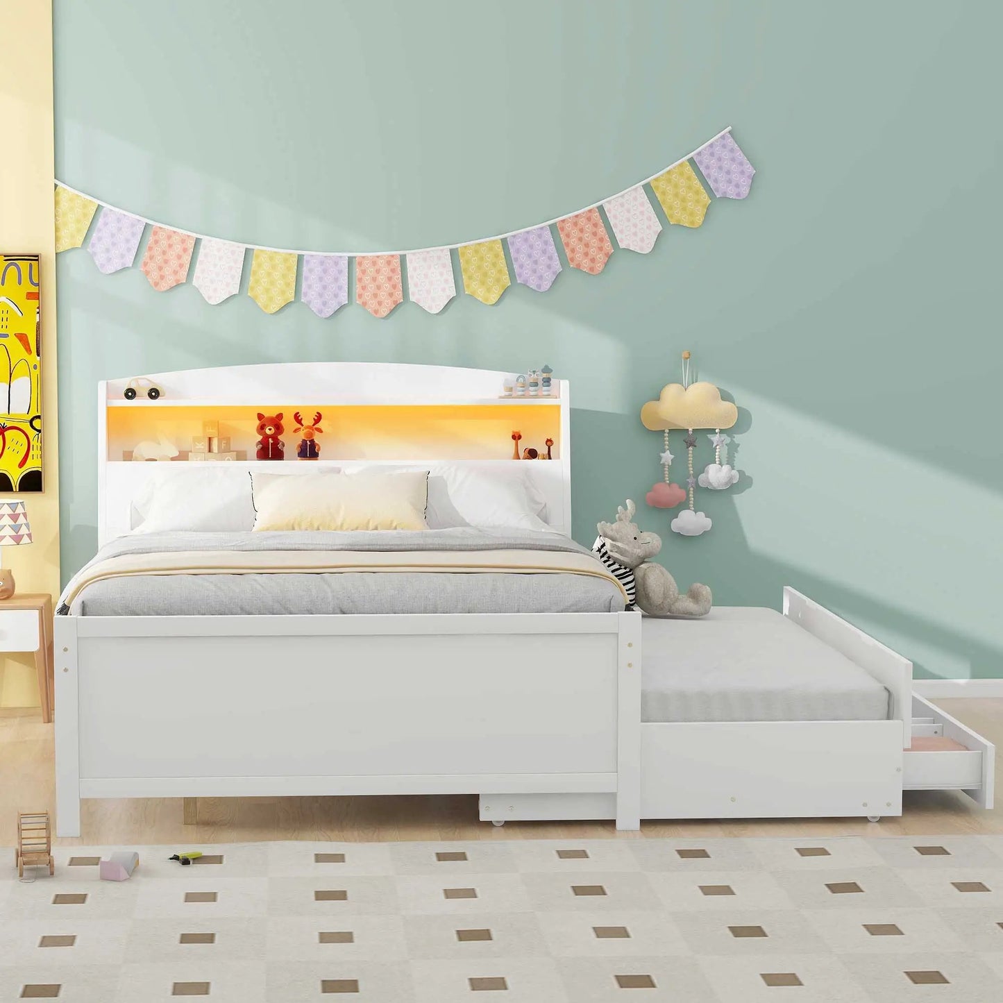 White full-size platform bed with under-bed twin trundle and three storage drawers on Tampa Home & Garden Store