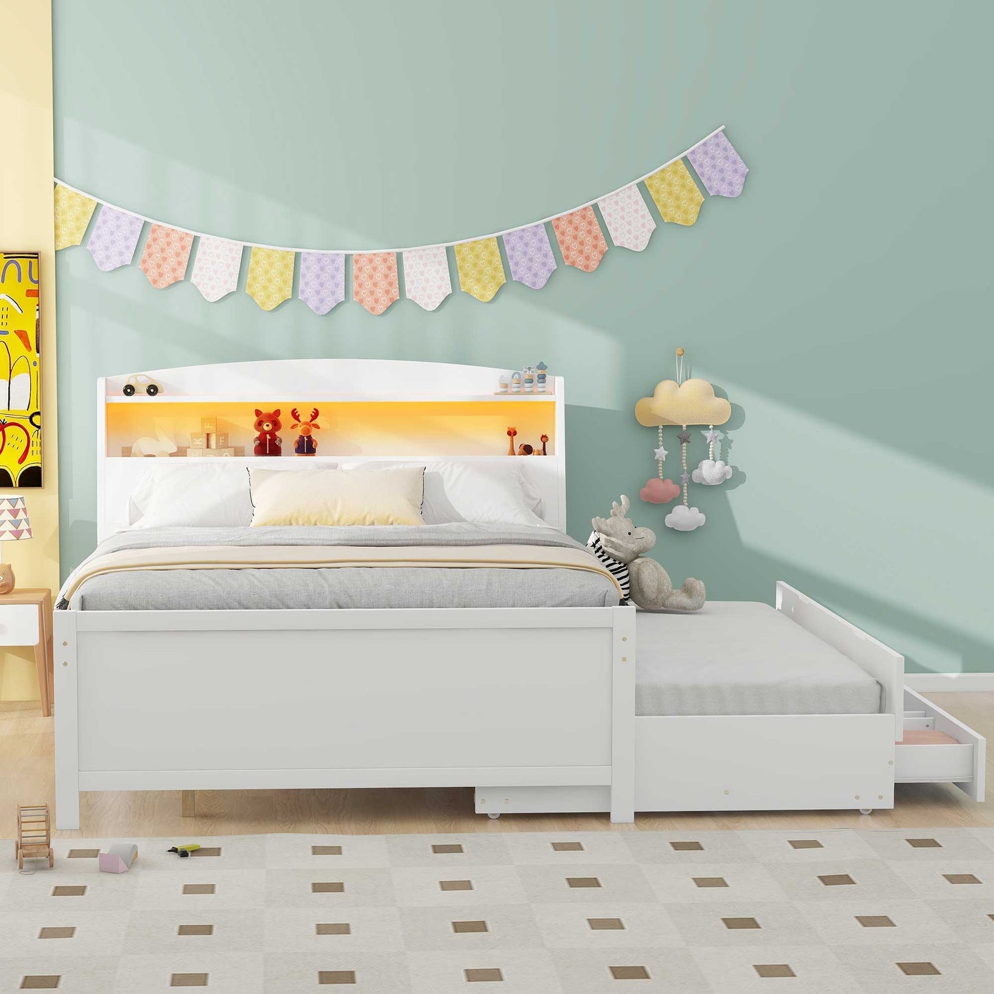 White full-size platform bed with built-in storage drawers and twin trundle on Tampa Home & Garden Store