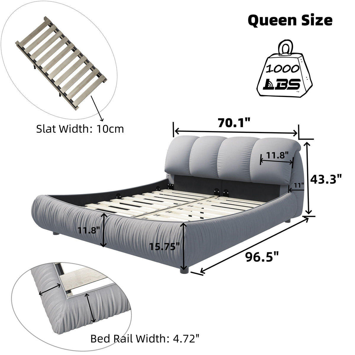Luxury Upholstered Platform Bed with padded backrest and solid wood frame, HouseOfZazla on Tampa Home & Garden Store
