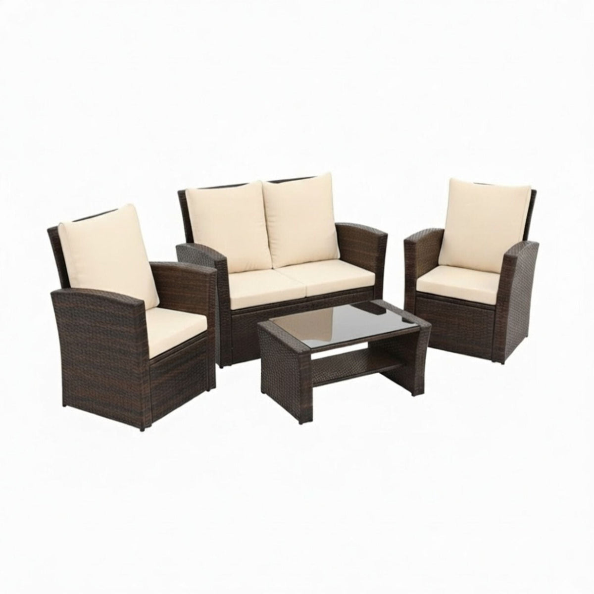 4-Piece Modern Patio Set with Cushions by HouseOfZazla, dark wicker with beige cushions and glass coffee table on Tampa Home & Garden Store