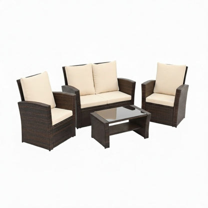 4-Piece Modern Patio Set with Cushions by HouseOfZazla, dark wicker with beige cushions and glass coffee table on Tampa Home & Garden Store