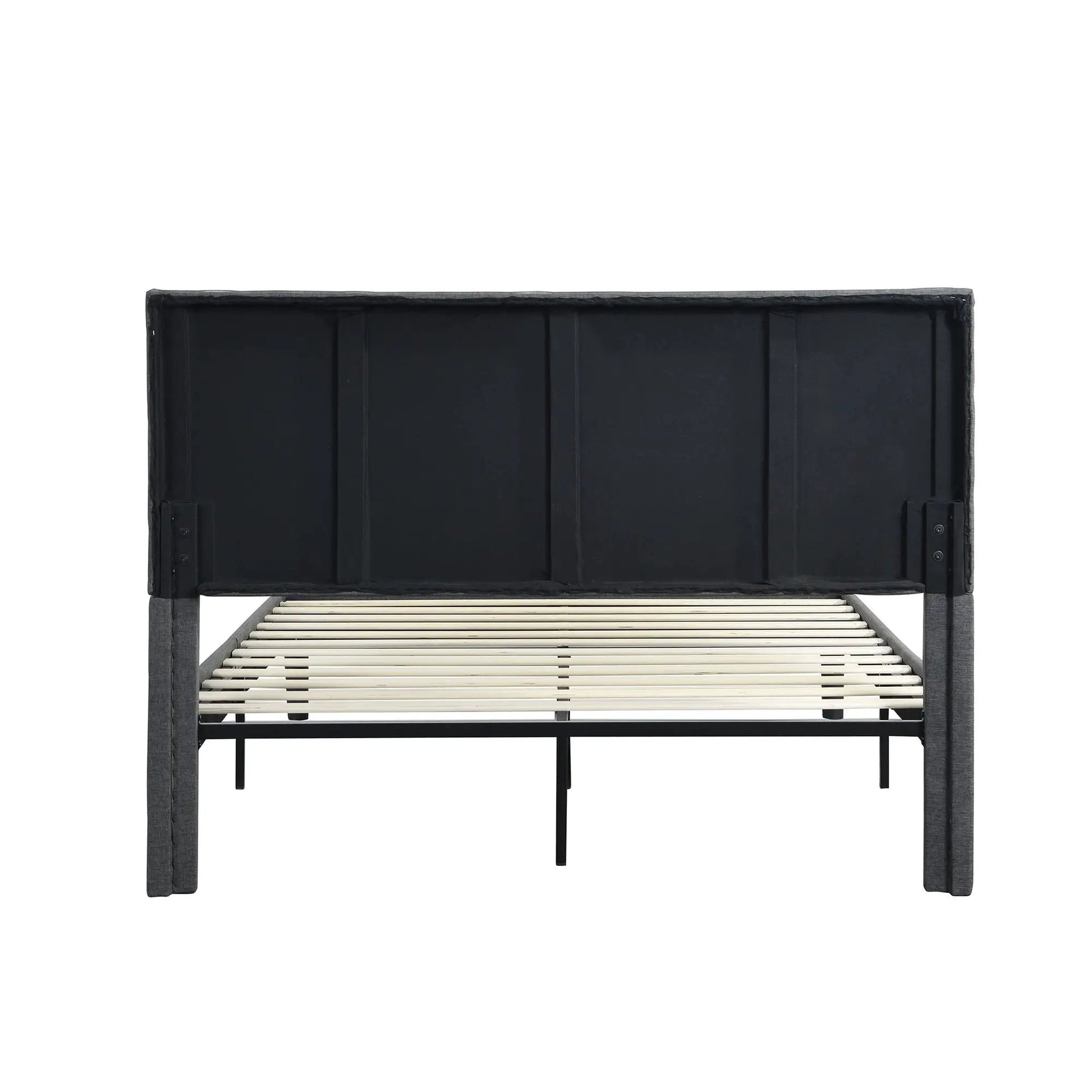 Upholstered bed frame with headboard, black fabric, wood slats, Unique Piece Furniture on Tampa Home & Garden Store