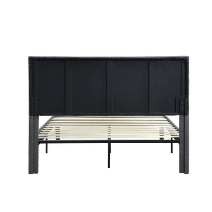 Upholstered bed frame with headboard, black fabric, wood slats, Unique Piece Furniture on Tampa Home & Garden Store