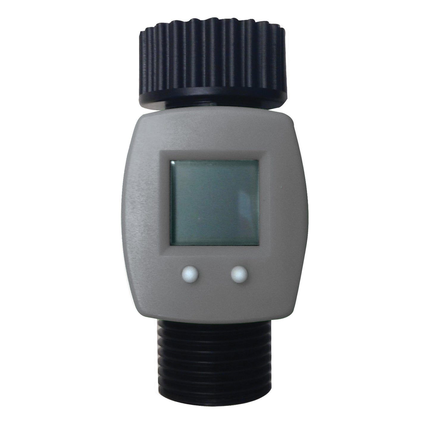 Hose Water Flow Meter 56854 Orbit Irrigation gray body with black ribbed cap and LCD display on Tampa Home & Garden Store