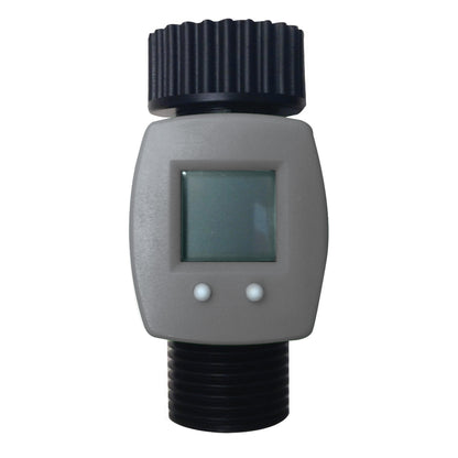 Hose Water Flow Meter 56854 Orbit Irrigation gray body with black ribbed cap and LCD display on Tampa Home & Garden Store