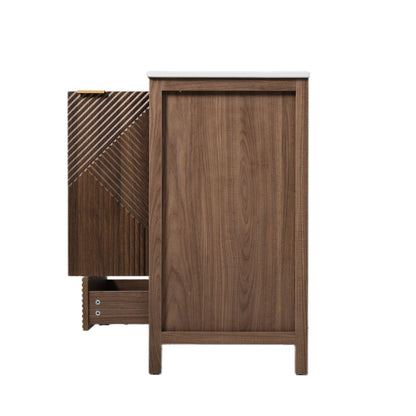 Modern bathroom vanity with sink, dark brown wood cabinet and white countertop on Tampa Home & Garden Store