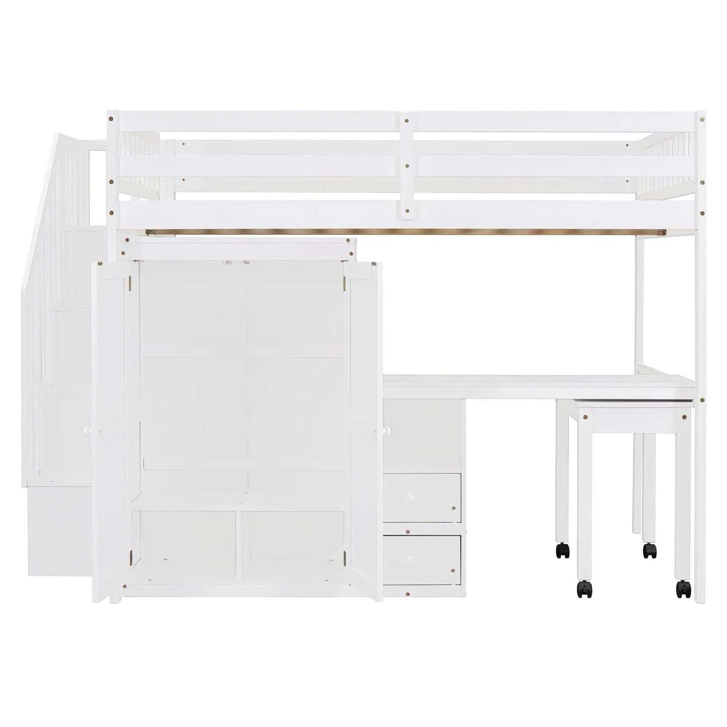White loft bed with stairs, built-in wardrobe, desk and drawers by Unique Piece Furniture on Tampa Home & Garden Store