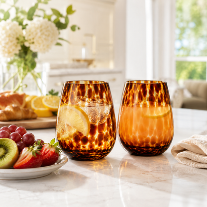 Leopard Amber Stemless Wine Glass Set of Two