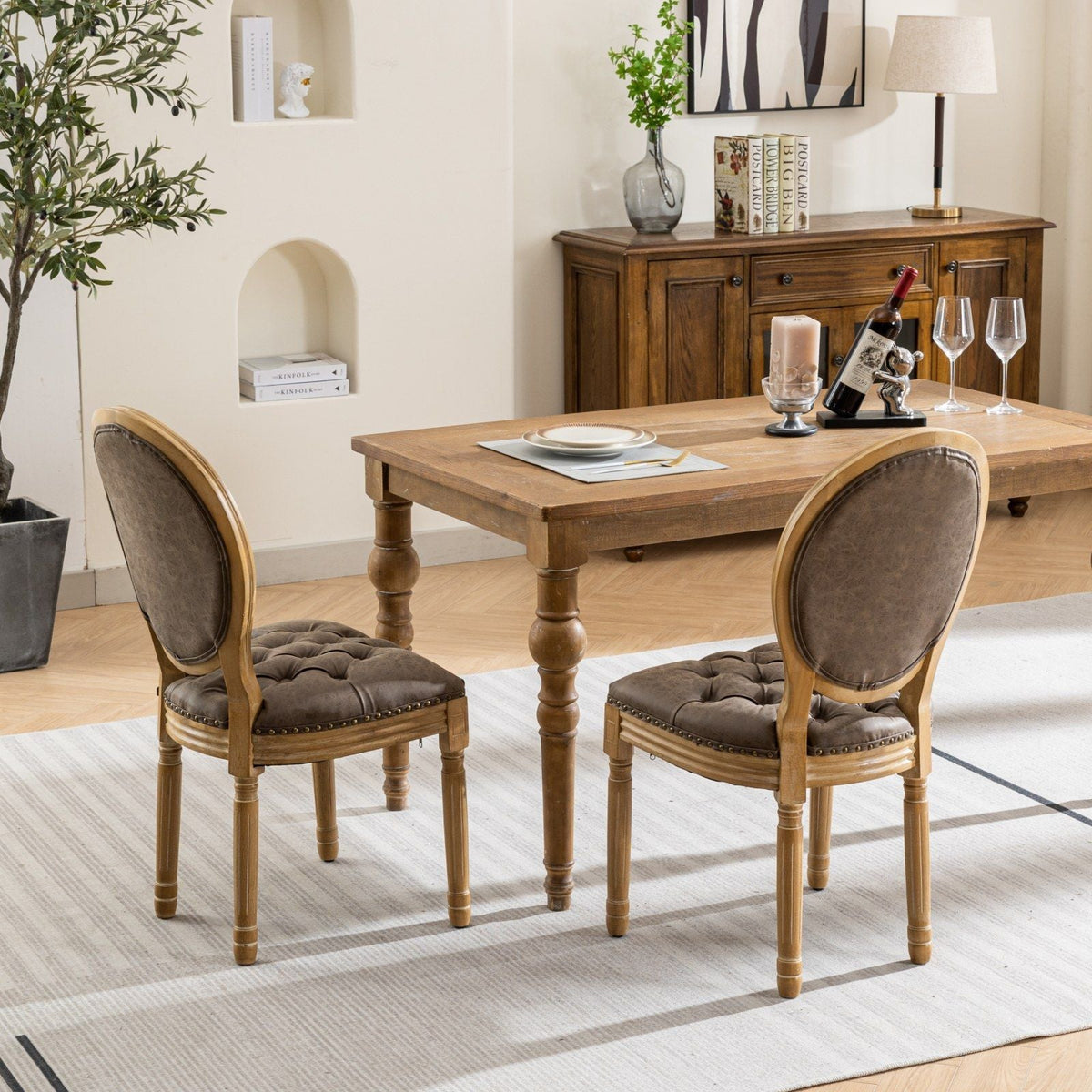 French style solid wood dining chairs with nailhead trim, brown seats, set of 4 around table on Tampa Home & Garden Store