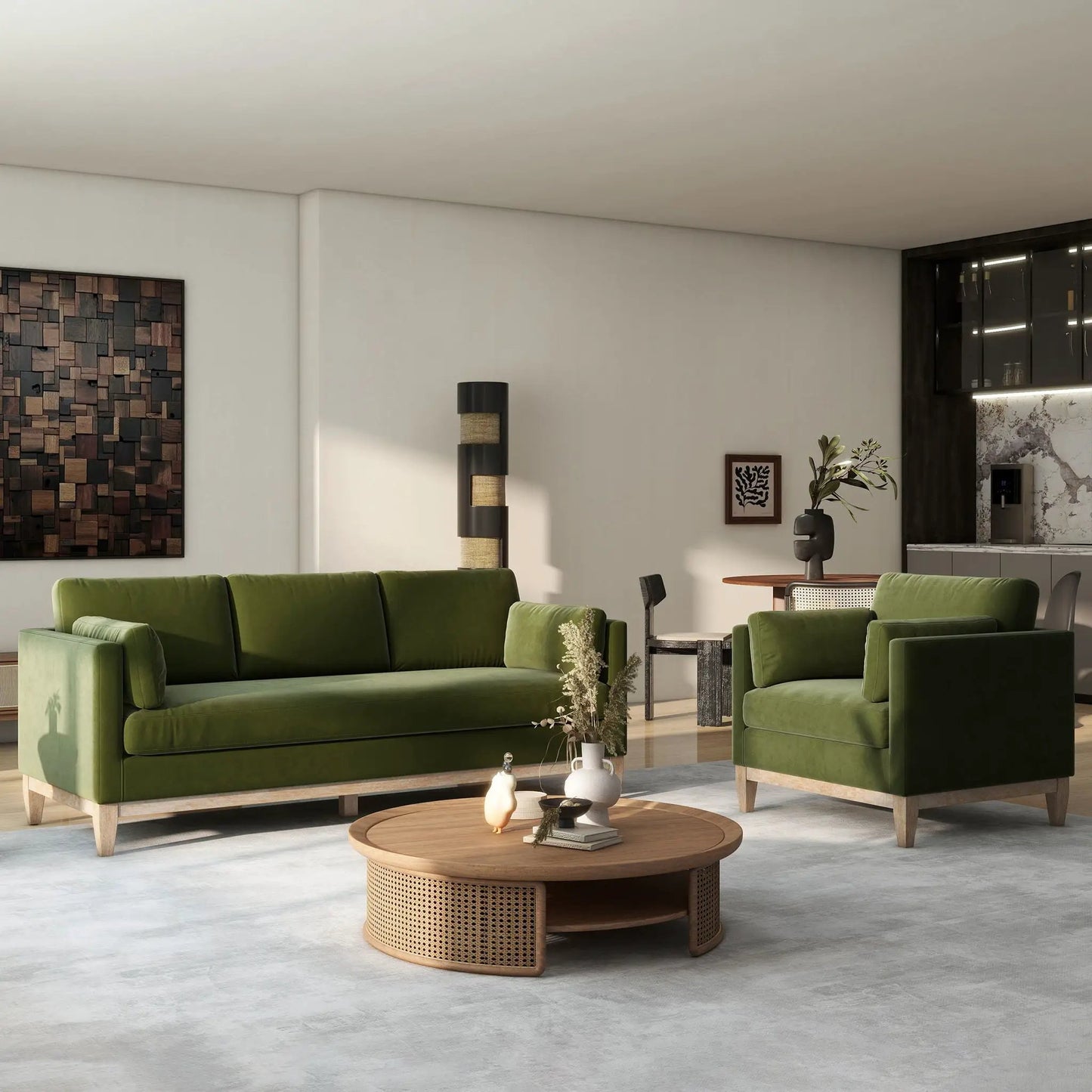 Knox Modern Farmhouse Arm Chair in olive green velvet by Unique Piece Furniture in living room on Tampa Home & Garden Store