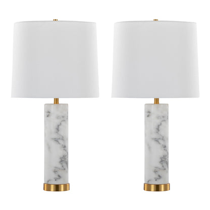 Marabella Contemporary Marble Table Lamp Set of 2 with white fabric shade and brass accents on Tampa Home & Garden Store