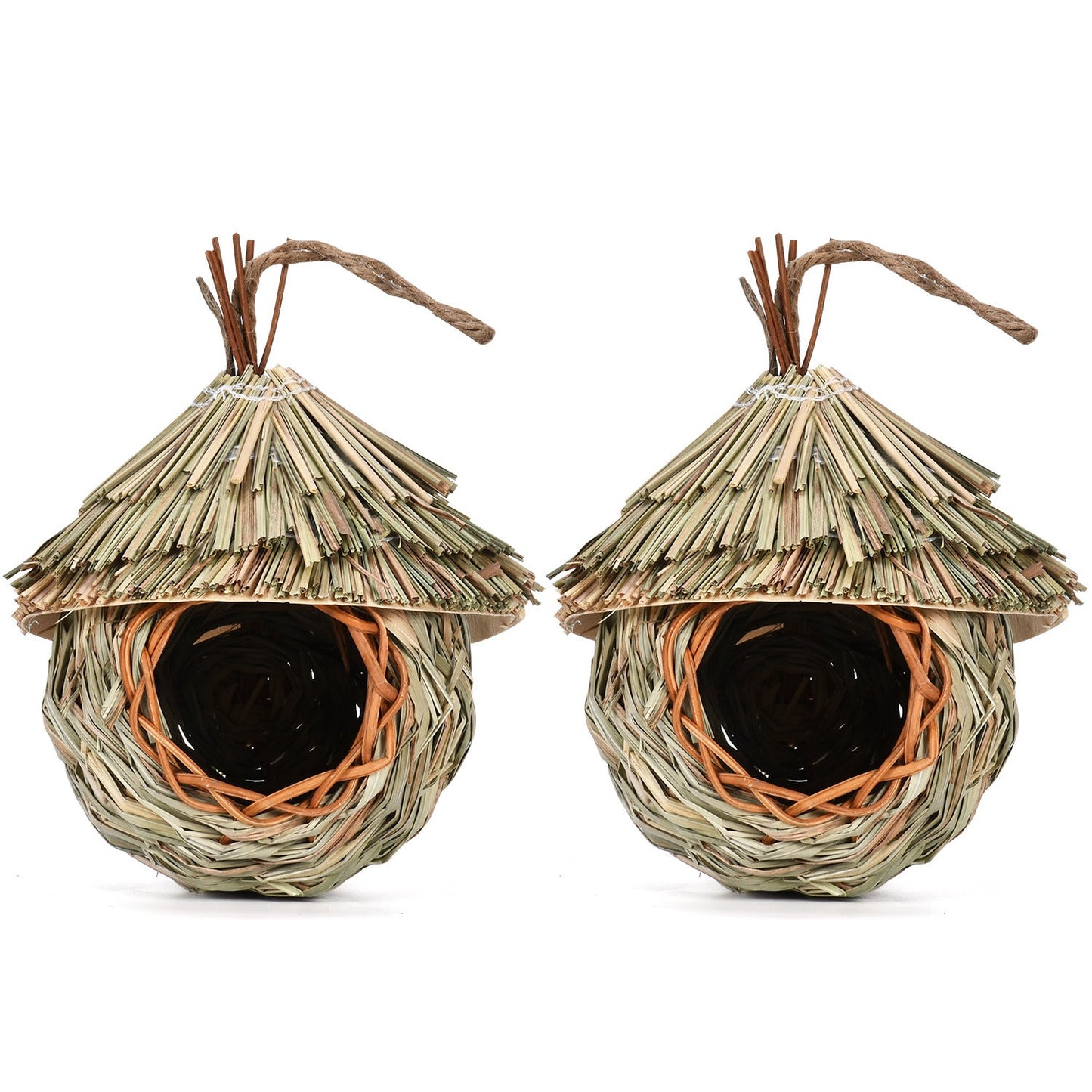 Creative hanging straw bird nest pair, natural woven roofed nests for birds, two nests on Tampa Home & Garden Store