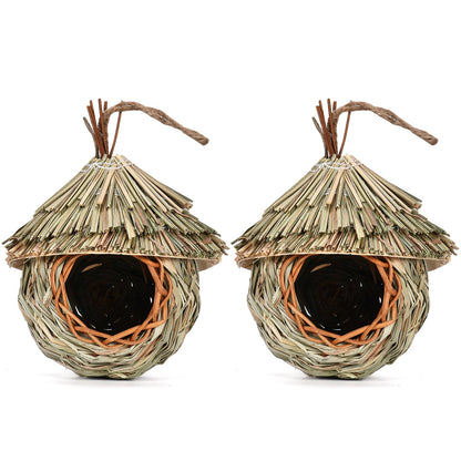 Creative hanging straw bird nest pair, natural woven roofed nests for birds, two nests on Tampa Home & Garden Store