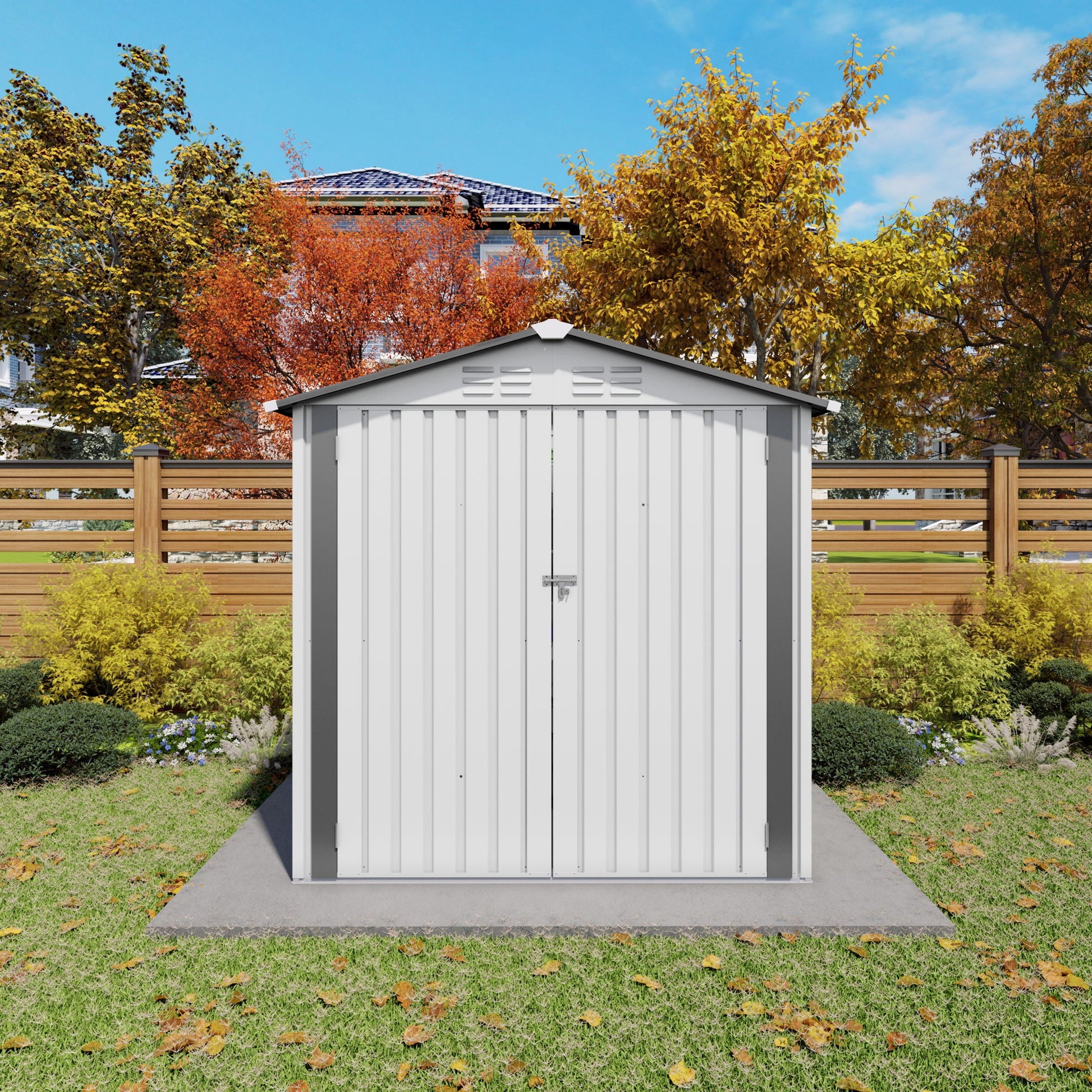 Metal garden storage shed by HouseOfZazla with peaked roof, gray coating, lockable door on Tampa Home & Garden Store
