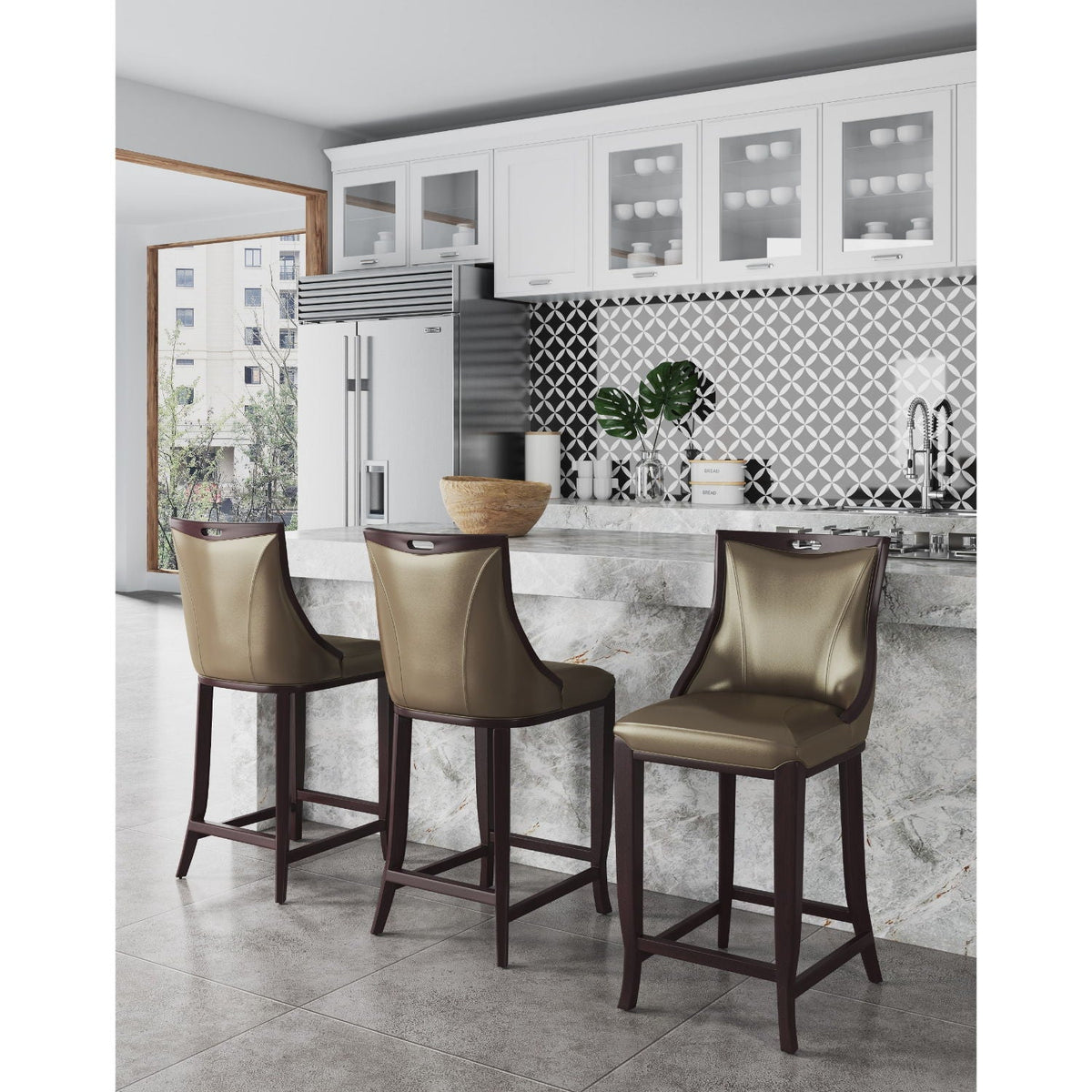 Bar Height Barstool with Bronze Accents and Faux Leather Seat set of 3 bronze wood legs at island on Tampa Home & Garden Store