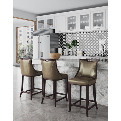 Bar Height Barstool with Bronze Accents and Faux Leather Seat set of 3 bronze wood legs at island on Tampa Home & Garden Store