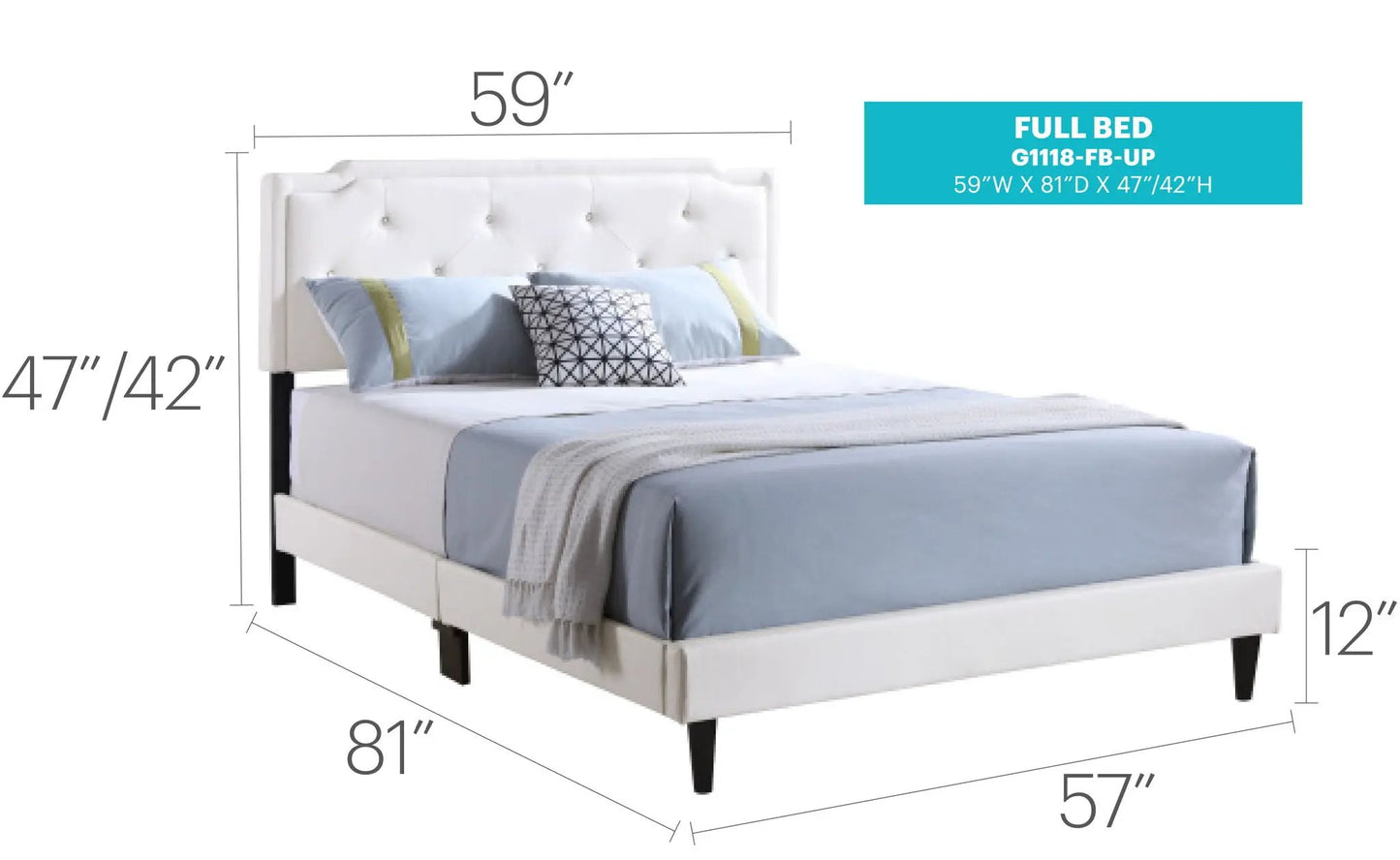 Button tufted upholstered white bed by Unique Piece Furniture, full bed 59W x 81D on Tampa Home & Garden Store