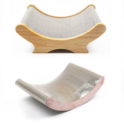 U-shaped cat scratcher bed by Sell My Stuff, natural wood base with beige textured surface and a pink curved version on Tampa Home & Garden Store