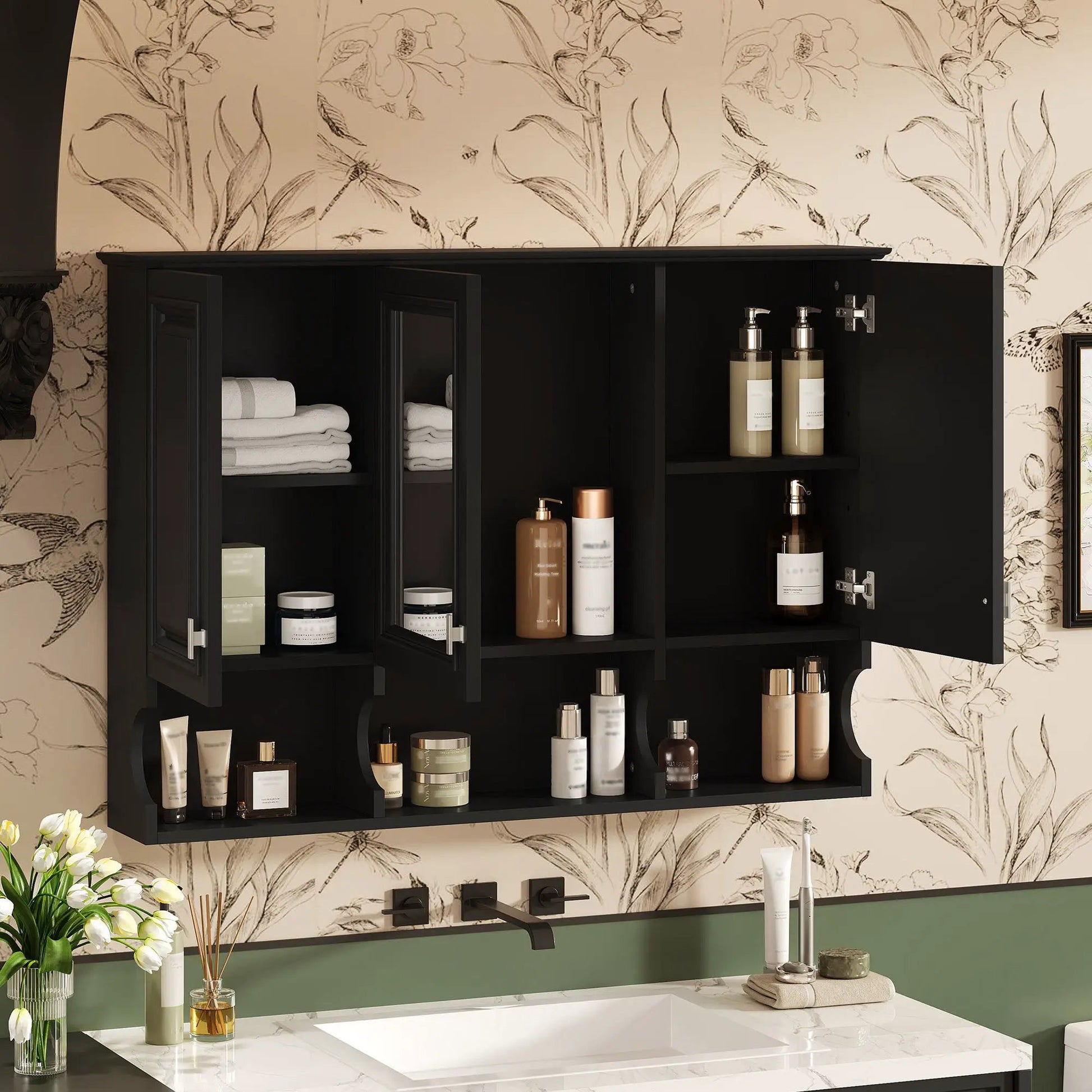 Medicine cabinet, modern wall-mounted, black finish with open shelves and adjustable interior on Tampa Home & Garden Store