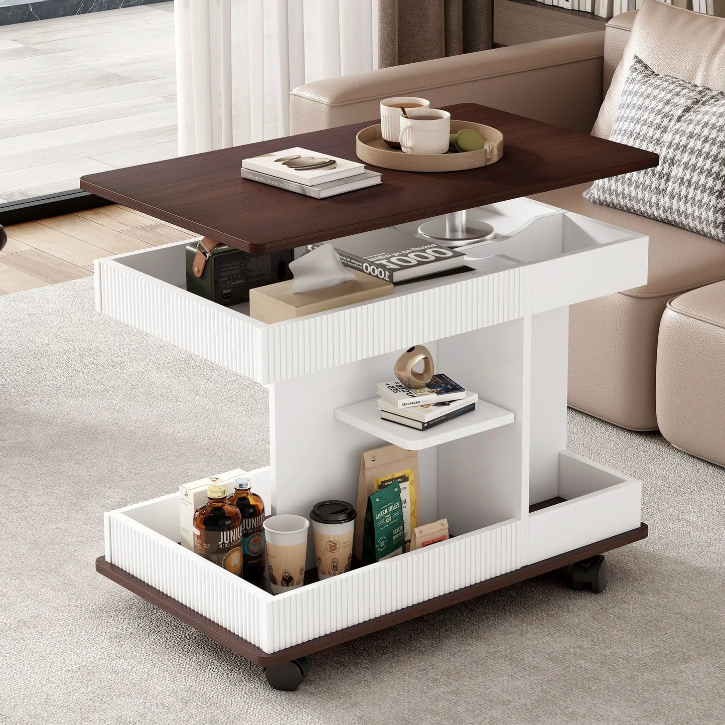 Adjustable end table dark wood top, white base with 360° rotating top and storage on wheels on Tampa Home & Garden Store