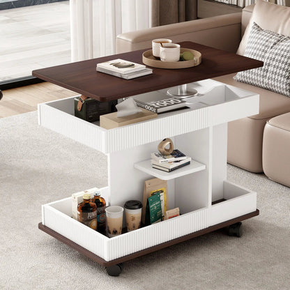 Adjustable end table dark wood top, white base with 360° rotating top and storage on wheels on Tampa Home & Garden Store