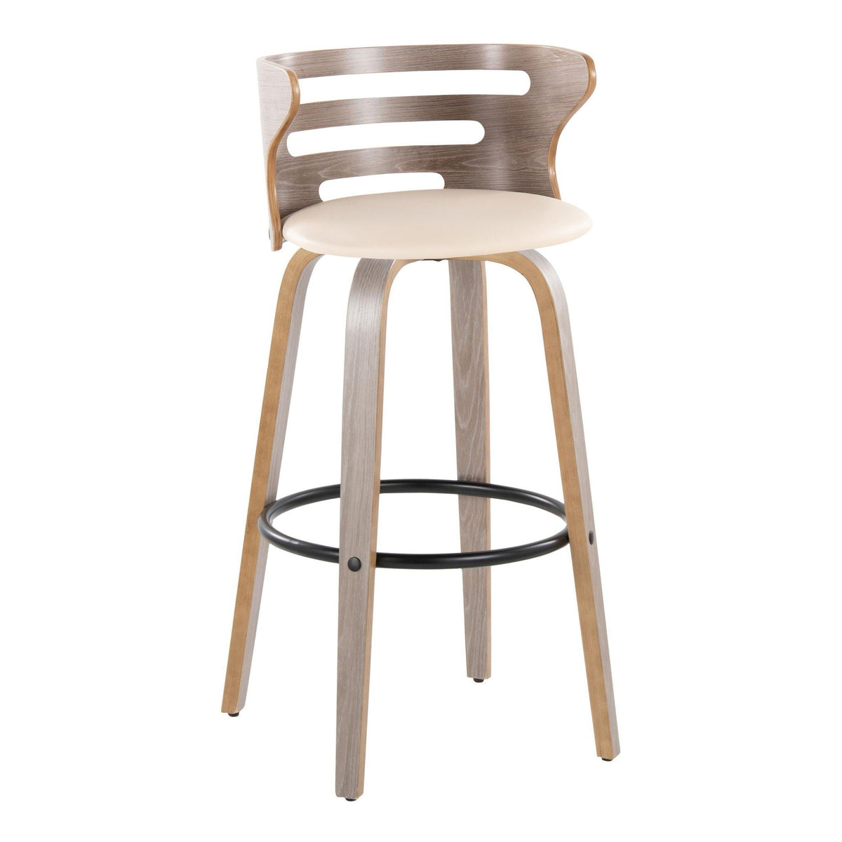 Barstool set mid-century modern fixed-height beige upholstered seat, curved wood back on Tampa Home & Garden Store