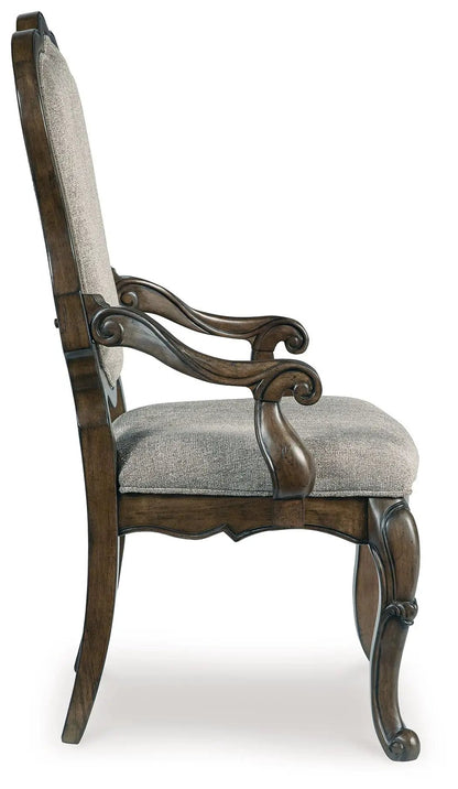 Maylee dining upholstered arm chair with dark brown wood frame and beige fabric on Tampa Home & Garden Store