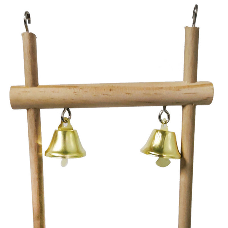 Natural solid wood stand with two gold bells suspended from a horizontal crossbar on Tampa Home & Garden Store