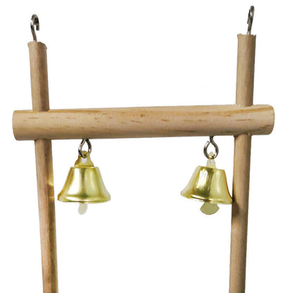 Natural solid wood stand with two gold bells suspended from a horizontal crossbar on Tampa Home & Garden Store