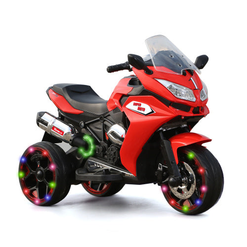Kids' 12V red three-wheel electric motorcycle with light-up training wheels by UpTrend Deals on Tampa Home & Garden Store