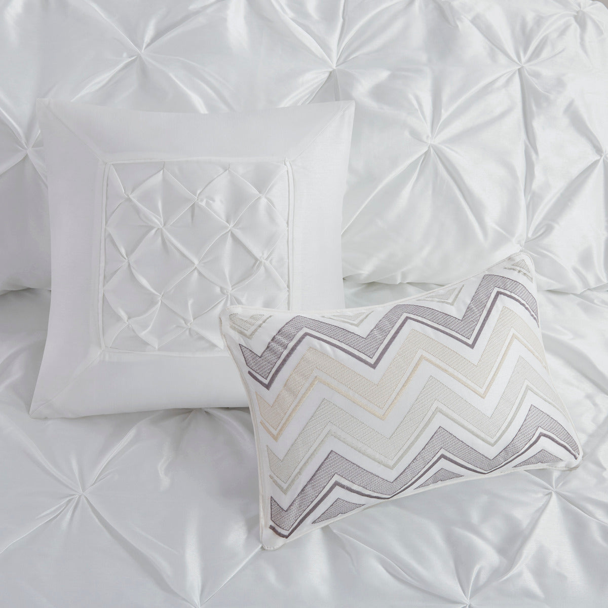 7 Piece Tufted Comforter Set White with tufted square pillow and chevron accent pillow on Tampa Home & Garden Store