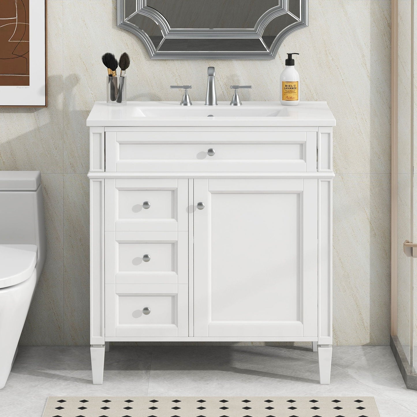 Bathroom vanity with top sink, white modern storage by HouseOfZazla, two drawers and tip-out on Tampa Home & Garden Store