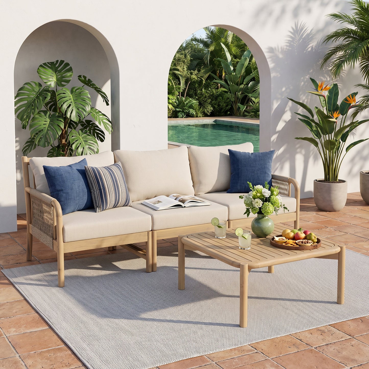 Casper Outdoor 3-Seater Sofa and Coffee Table Set by HouseOfZazla; beige cushions with wood frame on Tampa Home & Garden Store