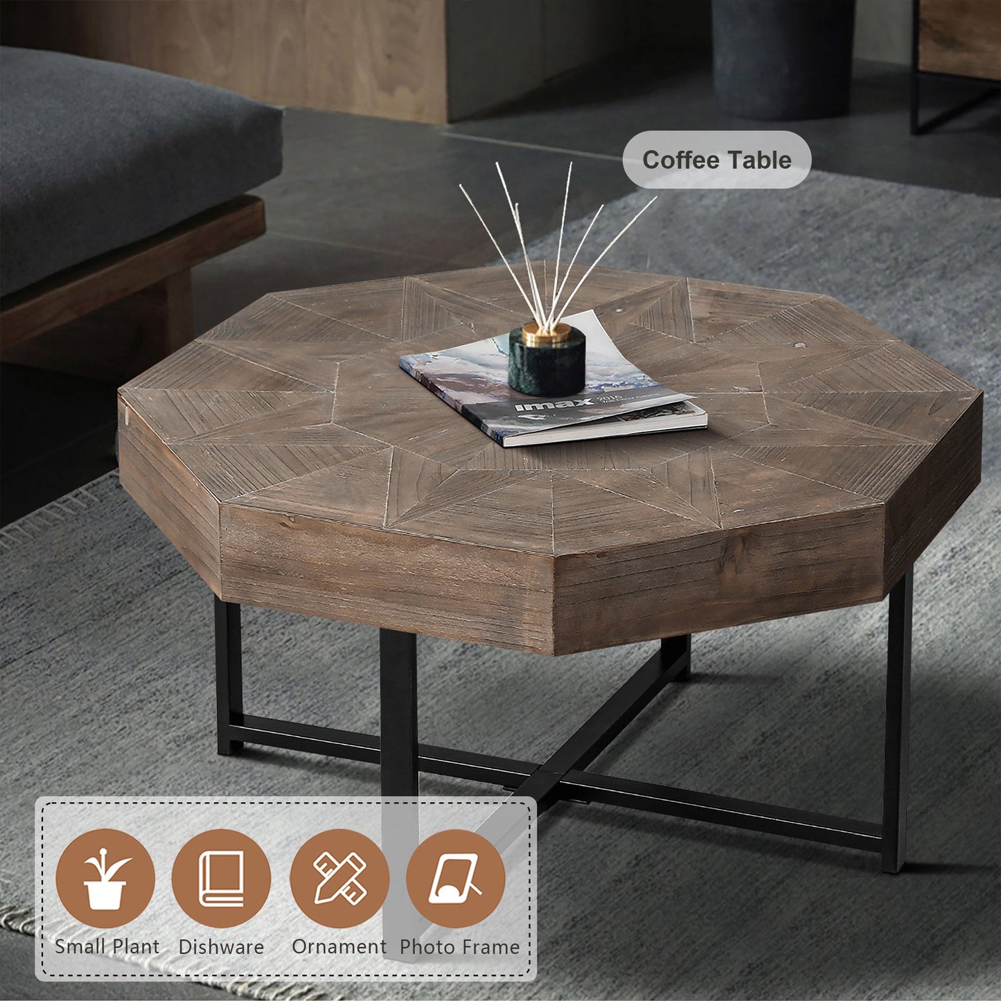 Wood octagonal vintage patchwork coffee table with brown finish and black metal legs HouseOfZazla on Tampa Home & Garden Store