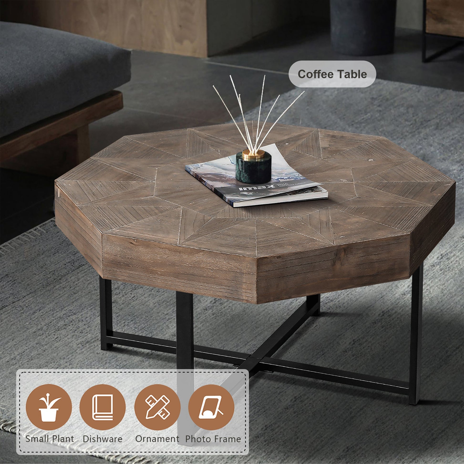 Wood octagonal vintage patchwork coffee table with brown finish and black metal legs HouseOfZazla on Tampa Home & Garden Store