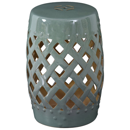 Ceramic garden stool with teal glazed finish and diamond lattice cutouts outdoor side table on Tampa Home & Garden Store